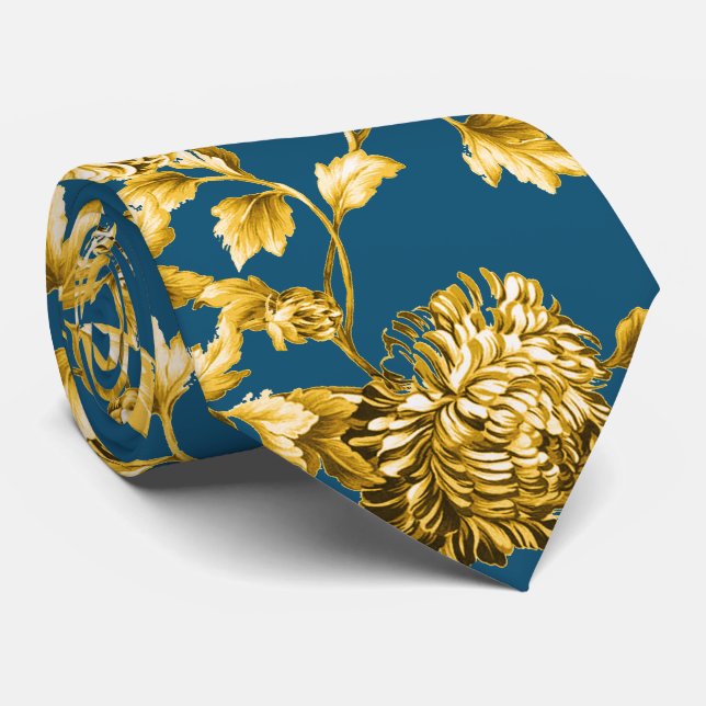 Gravata Dourado Teal Moderno Vintage Toile Botânica (Rolled)