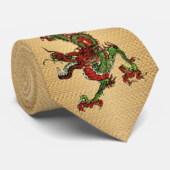 Gravata Dragão Chinês Vermelho e Verde v 15 (Rolled)