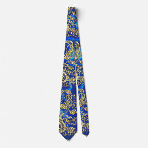 Gravata Dragão Dourado embutido no Impressão Satin Azul
