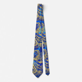 Gravata Dragão Dourado embutido no Impressão Satin Azul