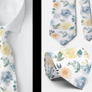 Gravata Dusty Blue e Cream Rosas Florais