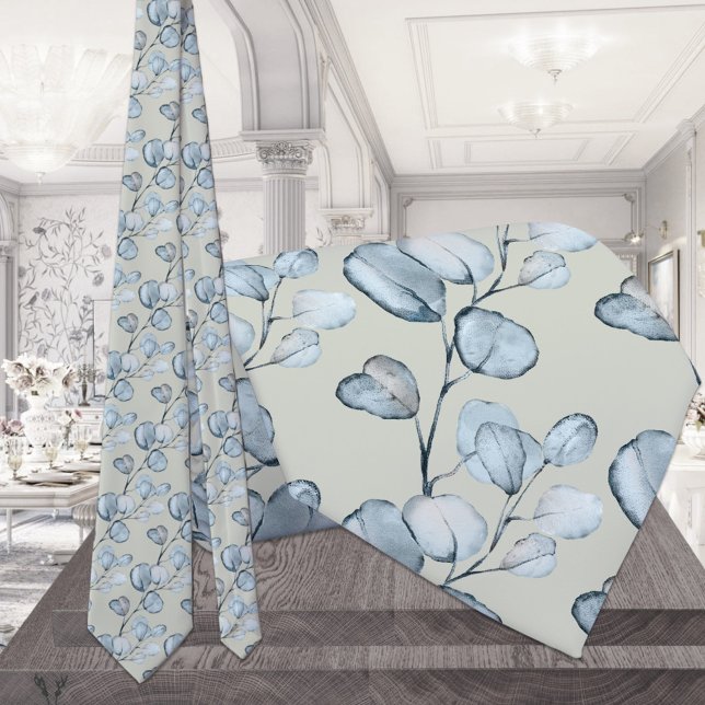 Gravata Dusty Blue Eucalyptus Sprigs Blush Sage Casamento (Criador carregado)