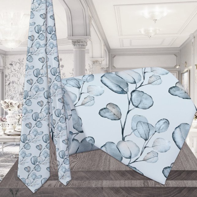 Gravata Dusty Blue Eucalyptus Sprigs Casamento Azul Claro (Criador carregado)