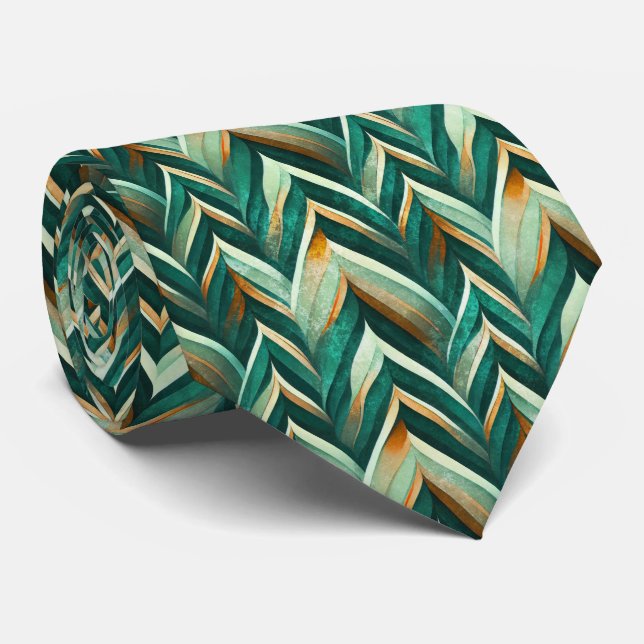 Gravata Earthy Green Art Deco Fan Pattern (4) (Rolled)