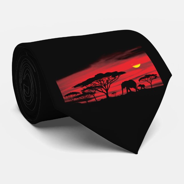 Gravata Elefante Africano e Bebê com Sol Serengeti Vermelh (Rolled)