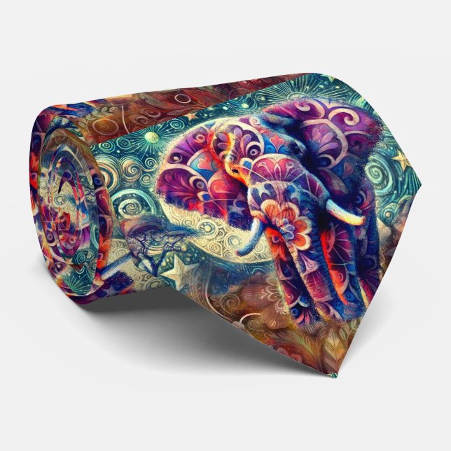 Gravata Elefante Whimssso na Noite Azul Estrelas Roxas Lua (Rolled)