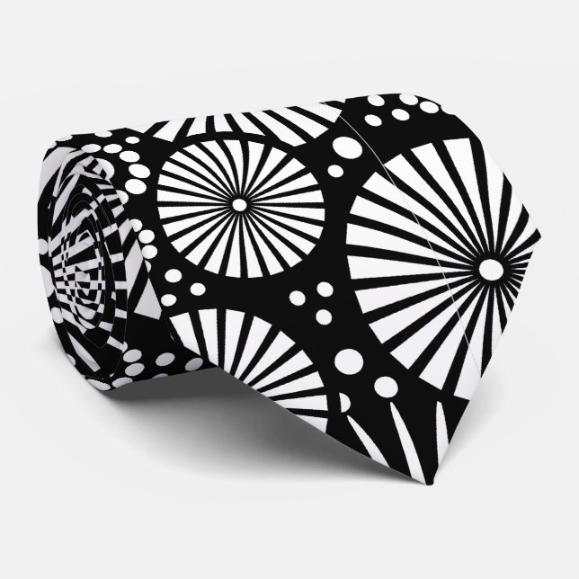 Gravata Elegant Black White Geometric Flowers Starburst (Rolled)