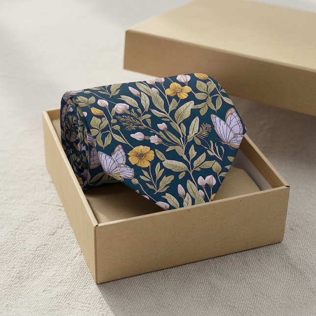 Gravata Elegant Botanical Pattern with Butterflies on Dark (Elegant Botanical Pattern with Butterflies on Dark Neck Tie #botanical #darknecktie #floraltie)