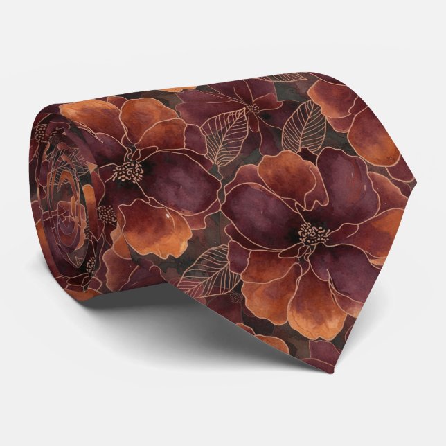Gravata Elegant Deep Burgundy and Copper Abstract Floral (Rolled)