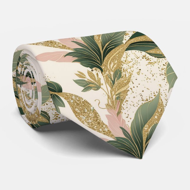 Gravata Elegant Gold & Green Botanical Leaf Pattern (Rolled)