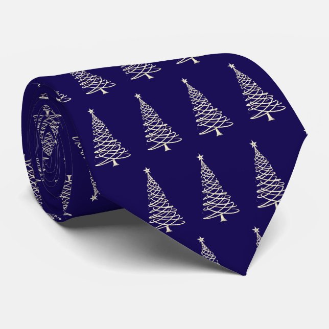 Gravata Elegant Modern Navy Blue Christmas Trees Patterned (Rolled)
