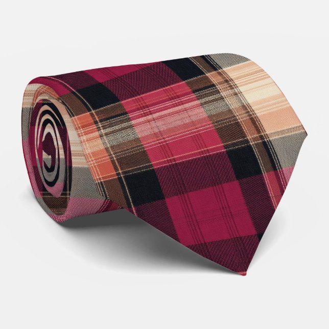 Gravata Elegant Pink and Brown Plaid Gingham Pattern (Rolled)