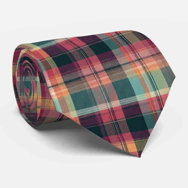 Gravata Elegant Pink and Green Plaid Gingham Pattern (Rolled)