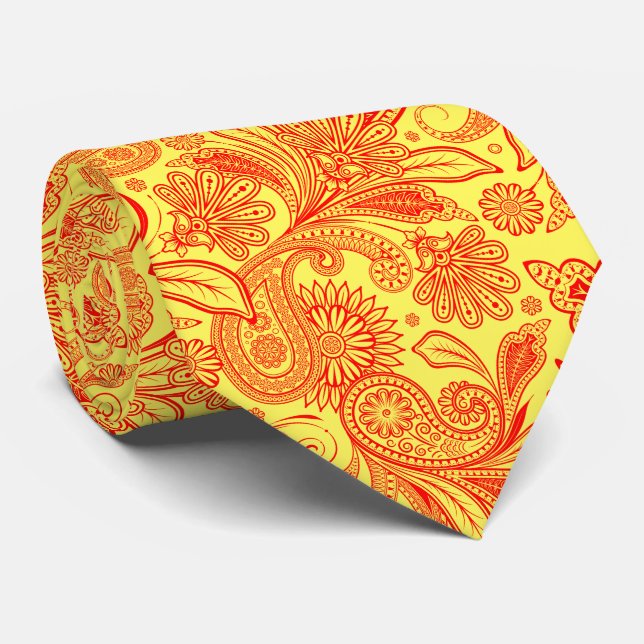 Gravata Elegant Red Paisley On Custom Yellow Background (Rolled)