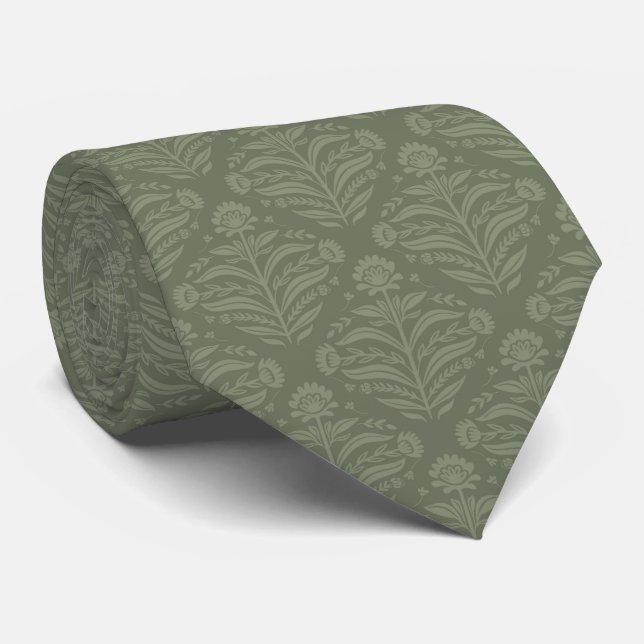 Gravata Elegant Sage Green Damask Pattern  (Rolled)