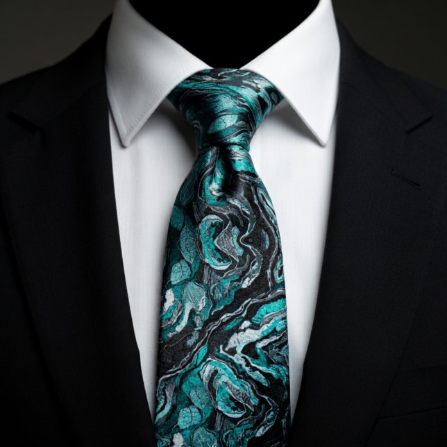 Gravata Elegant Teal & Black Swirl Marble  (Criador carregado)