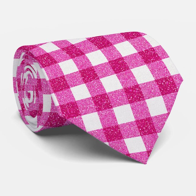Gravata Elegant Valentine Pink Glitter Tartan on White (Rolled)