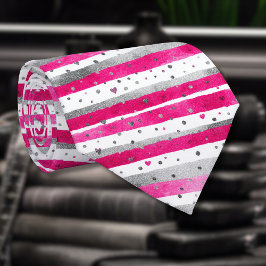 Gravata Elegant Valentine Pink Silver Hearts on Striped