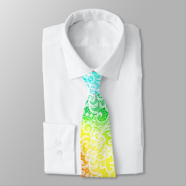 Gravata Elegant White Lace On Rainbow Abstract (Amarrado)