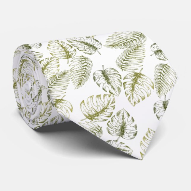 Gravata elegante blanco con hojas verdes (Rolled)