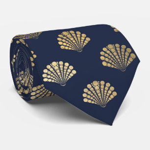Gravata Elegante Blue Dourado Seashell Ocean Pattern Men