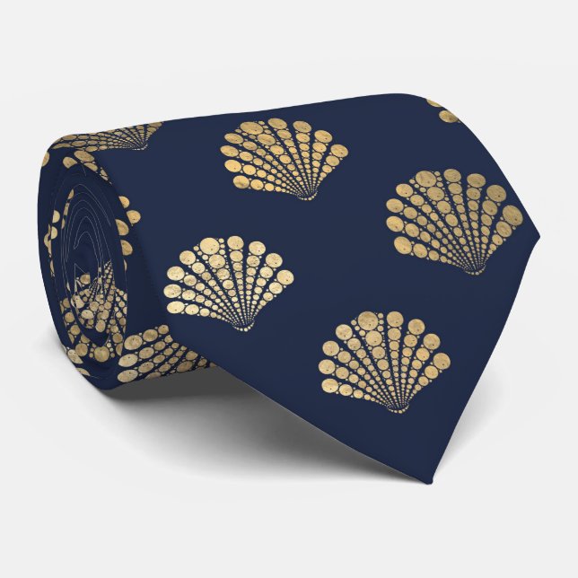Gravata Elegante Blue Dourado Seashell Ocean Pattern Men (Rolled)
