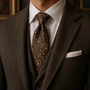 Gravata Elegante Brasão Real Marrom Escuro e Dourado