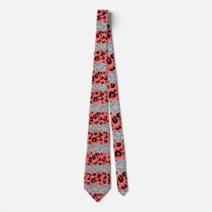 Gravata Elegante Brilho Prata Estampa de Leopardo Rosa Sof