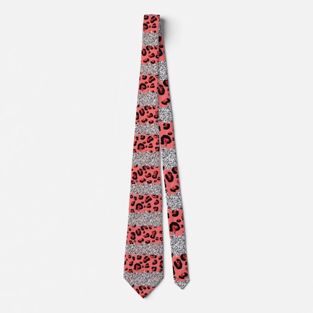 Gravata Elegante Brilho Prata Estampa de Leopardo Rosa Sof (Frente)