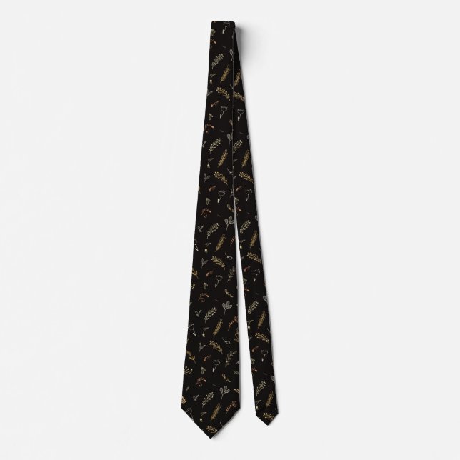 Gravata elegante com padrão de folhas pretas (Frente)