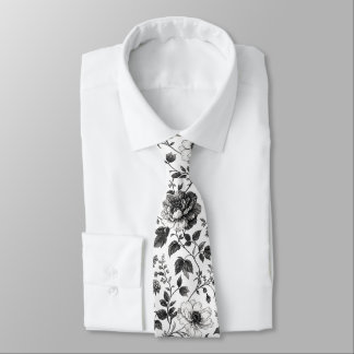Gravata Elegante com Padrão Floral Preto e Branco