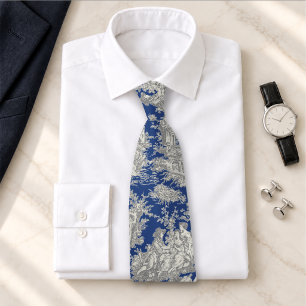 Gravata Elegante estampa vintage azul cinza toile de jouy