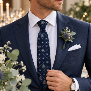Gravata Elegante Floco de Neve Prateado Pérola Azul Meia-N