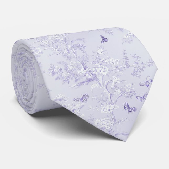 Gravata Elegante Flor de Lavanda Pálida e Borboletas (Rolled)