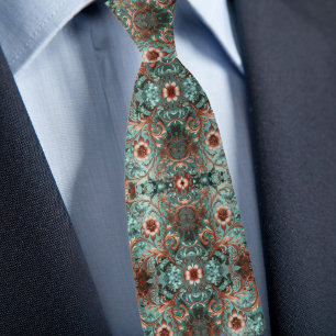 Gravata Elegante Floral Formal em Cobre e Turquesa