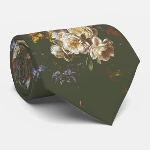 Gravata Elegante Floral Verde Oliva Escuro Vintage Sombrio