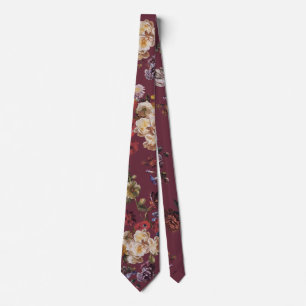 Gravata Elegante Floral Vintage Escuro Sombrio em Burgundy
