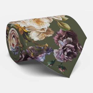 Gravata Elegante Floral Vintage Escuro Sombrio em Verde Ol