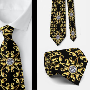 Gravata Elegante Formal Preto Dourado e Diamante