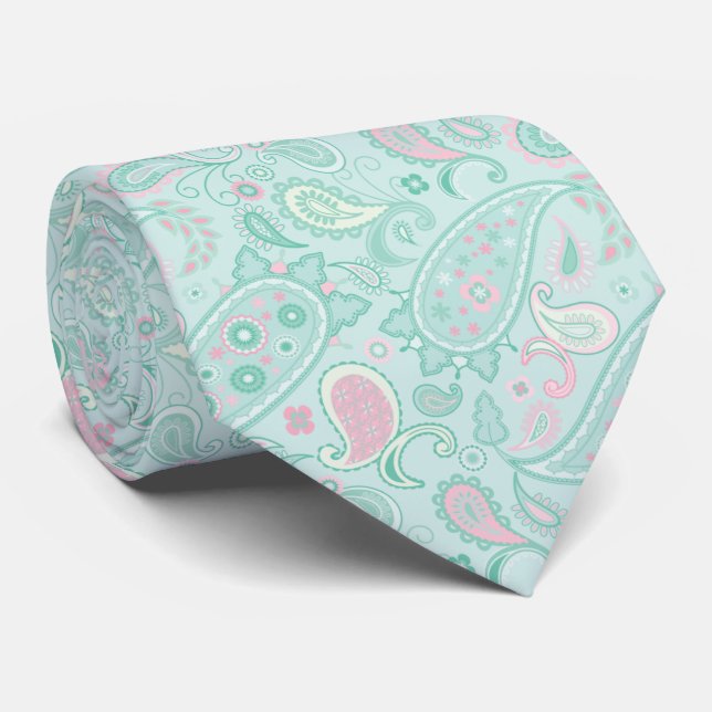 Gravata Elegante Mint Green & Pink Floral Paisley (Rolled)