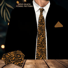 Gravata Elegante Monograma com Padrão Floral em Preto Dour