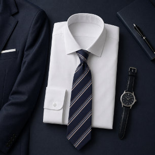 Gravata Elegante Navy Padrão de Faixa Prata