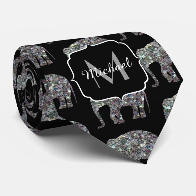 Gravata Elegante padrão de Elefante prateado brilhante em  (Rolled)