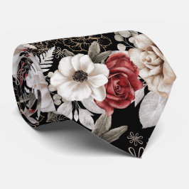Gravata Elegante Padrão Floral Rosa Borgonha Preto
