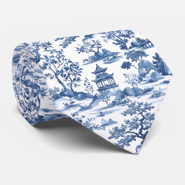 Gravata Elegante Pagoda Blue Chinoiserie Toile (Rolled)
