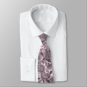 Gravata Elegante Paisley Preto em Fundo Rosa Claro