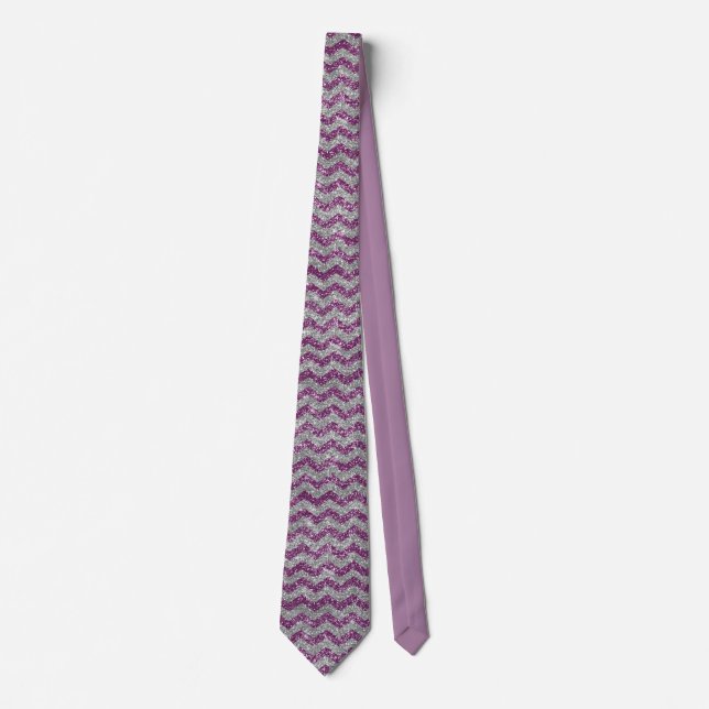 Gravata Elegante prateado roxo, Glitter Chevron Zig Zag (Frente)
