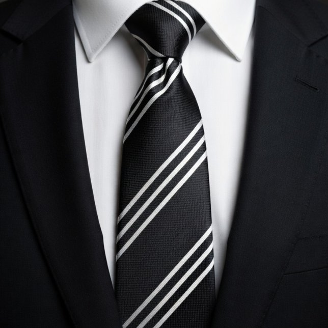 Gravata Elegante Preto com 3 Listras Brancas (Criador carregado)