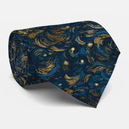 Gravata Elegante Redemoinho Abstrato Azul-Marinho e Dourad