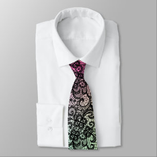 Gravata Elegante Renda Preta em Gradiente Rosa e Verde
